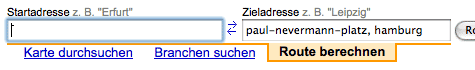 Zwei Eingabefelder zum Berechnen einer Route in Google Maps