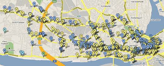 GoogleMap mit Standpunkten von Werbeflächen in Hamburg